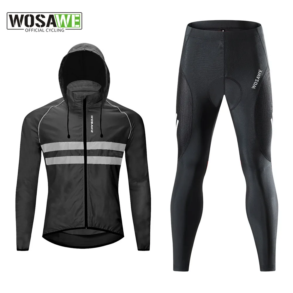 

WOSAWE Ultralight Cycling Jacket Hooded Reflective Windbreaker Gel Pad Tights Windproof Cycling Jersey Set Mtb Bicycle Clothes