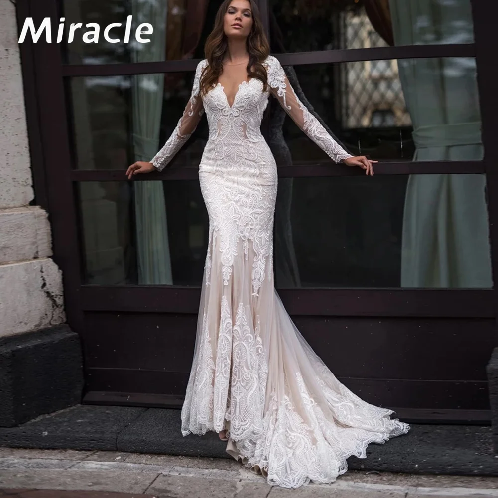 

Dignified O-Neck Wedding Dress Witching Mermaid/Trumpet Bridal Gown Long Sleeve Lace Applique Backless Dresses Vestido De Novia