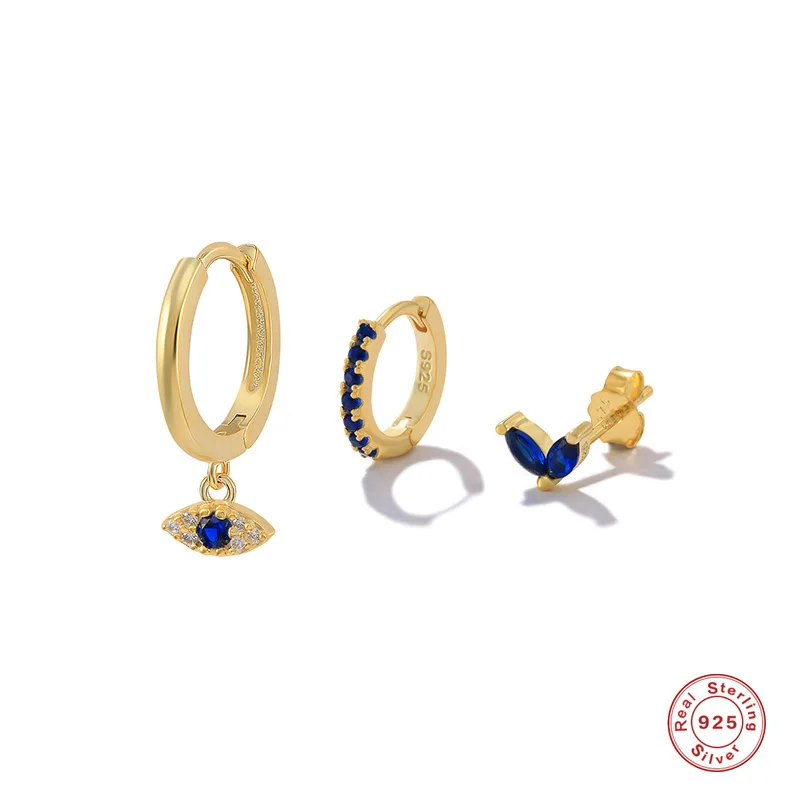 

GS 3pcs 925 Sterling Silver Deep Blue CZ Zircon Evil Eye Stud Earrings Set For Women Girl Luxury 18K Gold Plated Party Jewelry