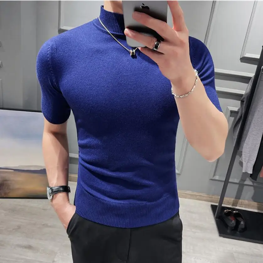 2022 British Style Men's Sweater Pure Color Short Sleeves Semi High Necked Pullover for Male Knit Sweater Tops Plus size S-3XL