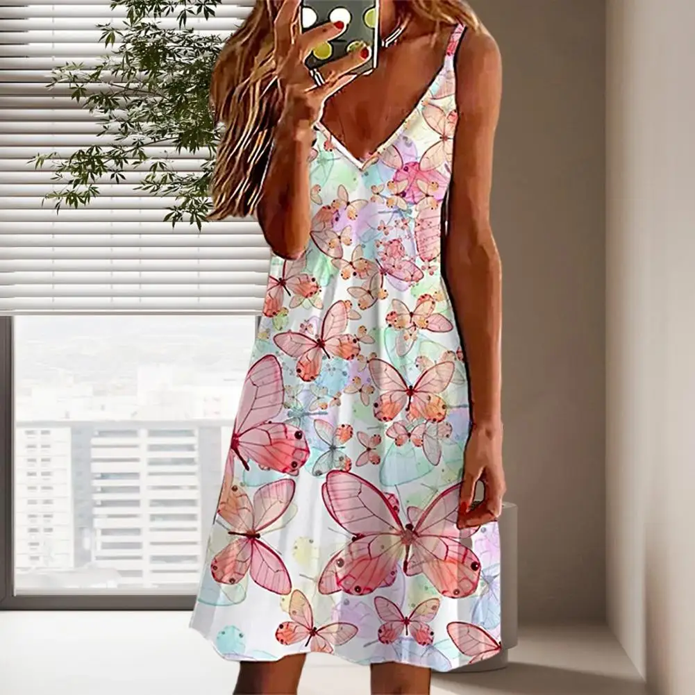 

Skin-Touch Popular Flower Print Lady Sling Dress Loose Waist Short Dress Pullover Female Clothes