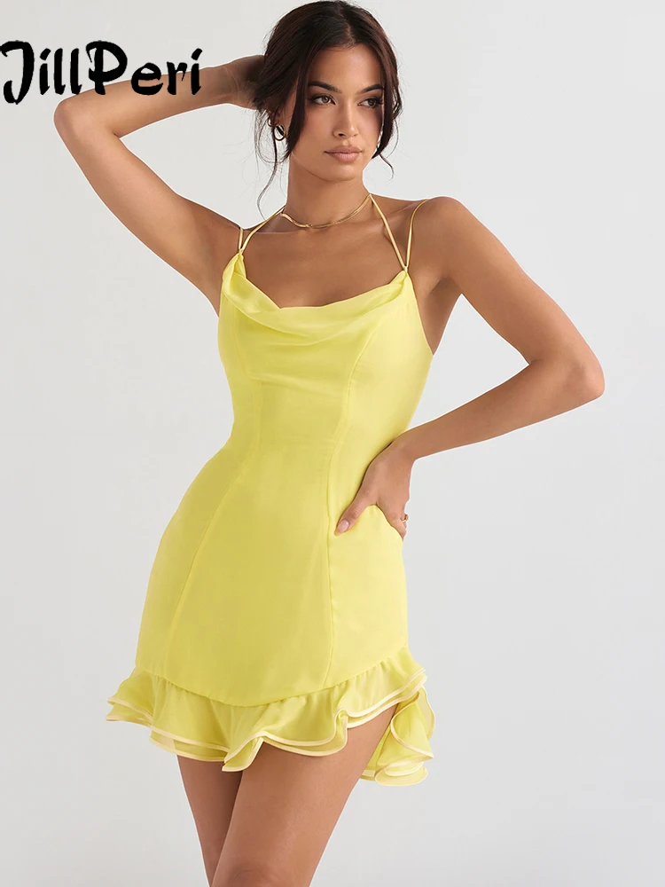 

Летние женские платья JillPeri 2022, недорогие наряды с оборками и круглым вырезом, Короткое женское сексуальное мини-платье из шифона