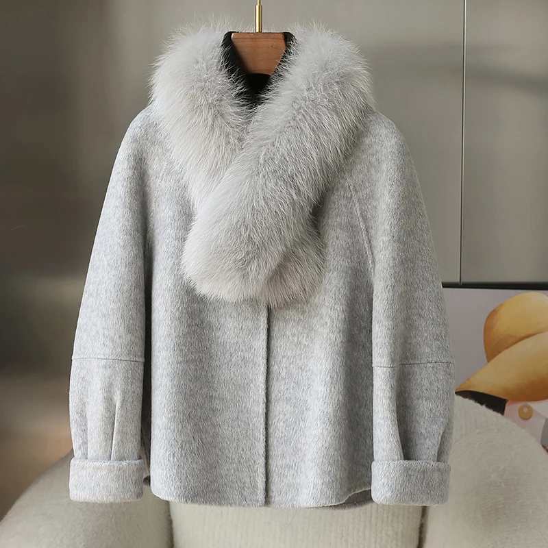 

Women Natural Fox Fur Collar classic Real Fur Coat Cashmere Wool Blended real fur jackets ZY233。