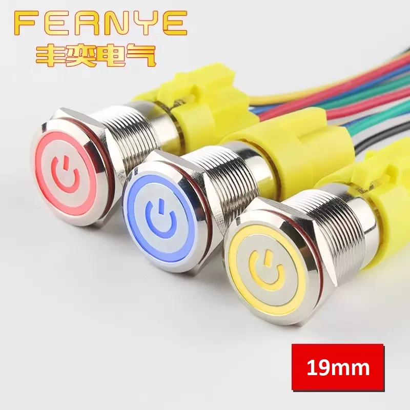 

19mm Metal Push Button Switch Waterproof Self locking/Momentary LED Light Flat Head Ring Power Symbol Switch with Connector