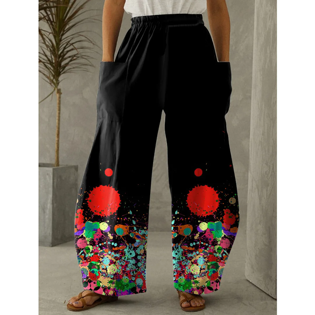 

Женские длинные брюки оверсайз, винтажные брюки-шаровары с высокой талией и принтом чернил, пляжная одежда для девушек