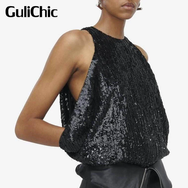 2.26 GuliChic женский летний жилет с пайетками рубашки женские свободные сексуальные