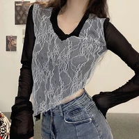 2021 woman sexy v neck mesh see through stretchy long sleeve tshirts crop top fall female all match party club streetwear outfit