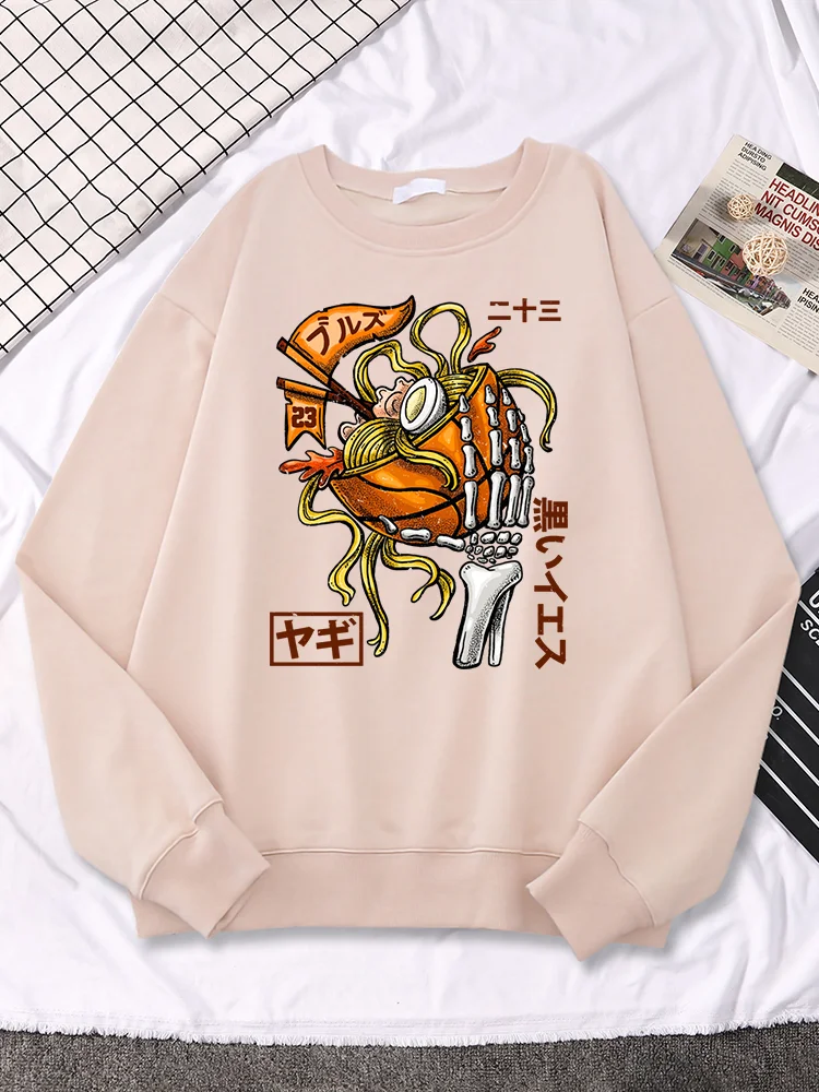 

Japanese Ramen Skeleton Hand Holding Basketball Bowl Design Printed Women Hooded Oversized Casual Pullover Soft Hoody For Women