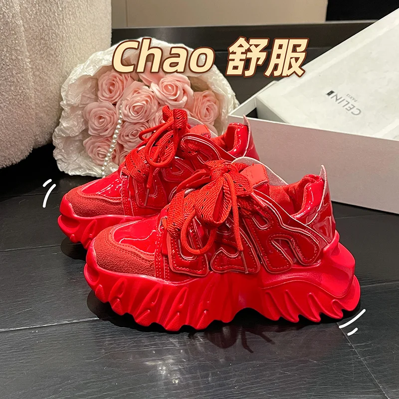 

Red Women Chunky Sneakers Design Shoes for Woman Height Increasing Patent Leather Girls Platform Shoes Wide Laces Female Tenis