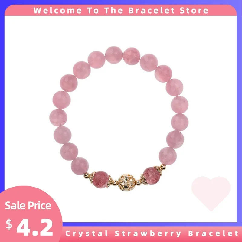 

2022 New Natural Pink Crystal Strawberry Bracelet Simple Women Girl Elastic Agates Jewelry Quartz Stone Beads Bohemian Colorful