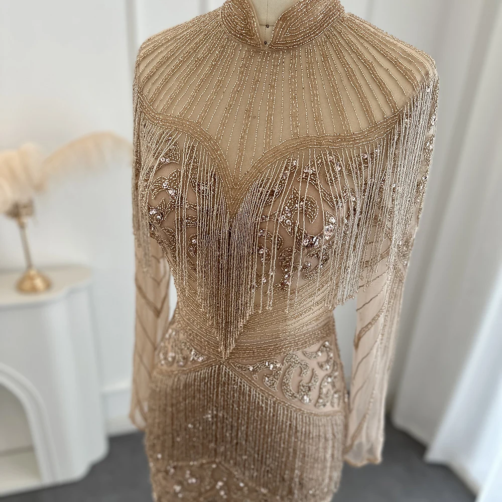 Jancember New Beading Muslim Style Evening Dress Sparkling Tassel Floor Length Prom Gown For Women Wedding Party SCZ062