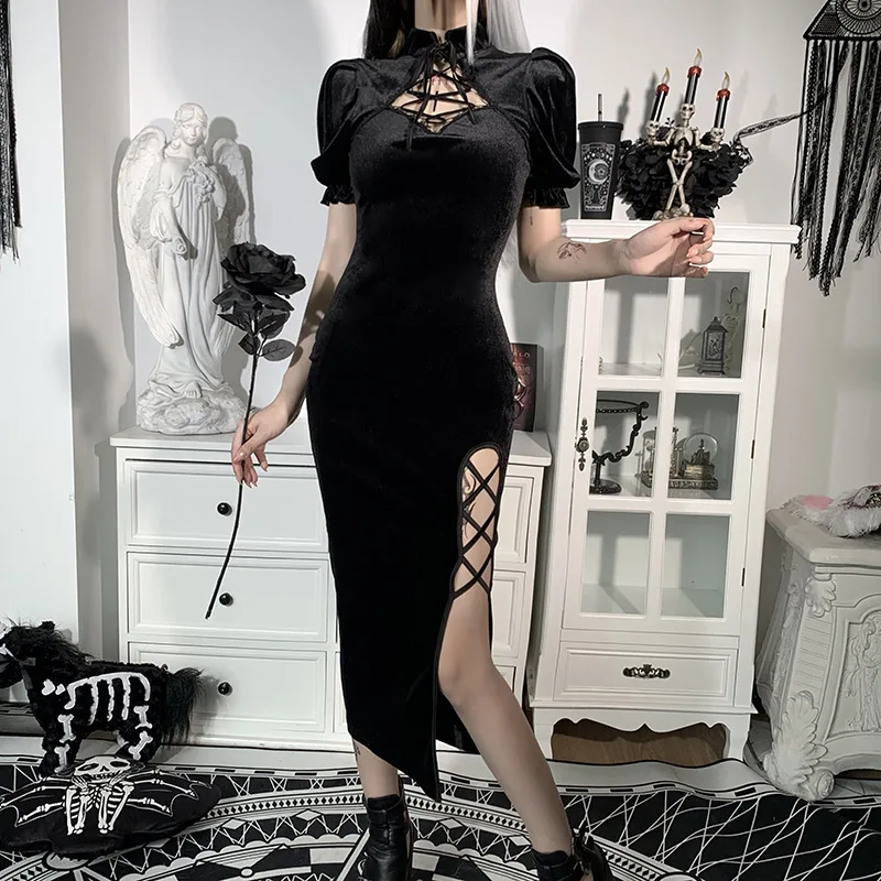 

Goth Sexy Lace Long Dresses Cheongsam Women's Dress Spring Summer Fashion Brand Designer Vintage Slit dress Bubble sleeve dress