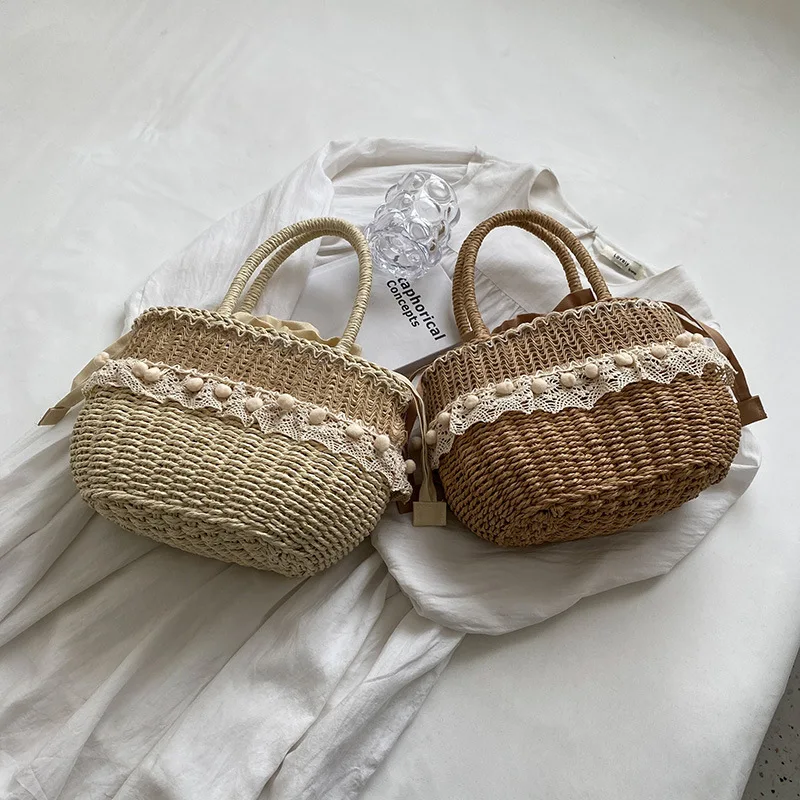 

Straw Woven Handheld Versatile Semicircle Women's Rattan Knitted Seaside Photography Vacation Photo Beach Pastoral Basket Bag