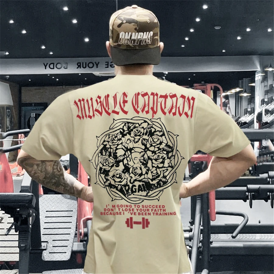 

Summer New Fitness Short-sleeved Men's Loose Sports and Leisure Oversized T-shirt Round Neck Solid Color Cotton Short-sleeved
