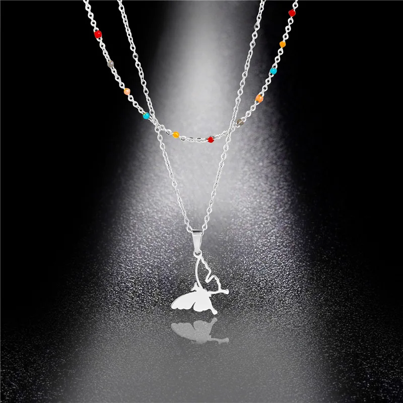 

316L Stainless Steel Oil Drip Butterfly Pendant Double Layer Women's Necklace Fashion High Jewelry Party Gift