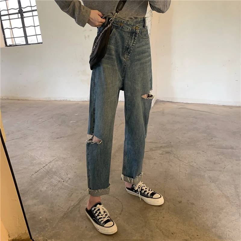 N2381  Ripped Daddy Pants New High Waist Thin Design Loose Straight Long Pants Jeans