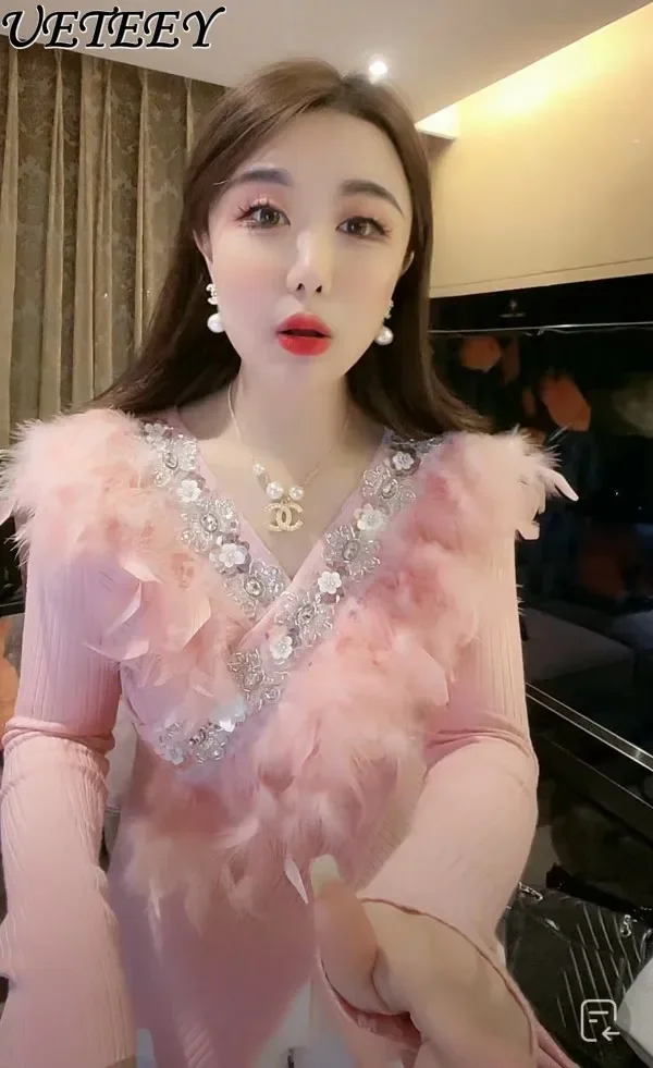 Вязаный свитер с блестками и цветами перьями для тяжелой промышленности джемпер