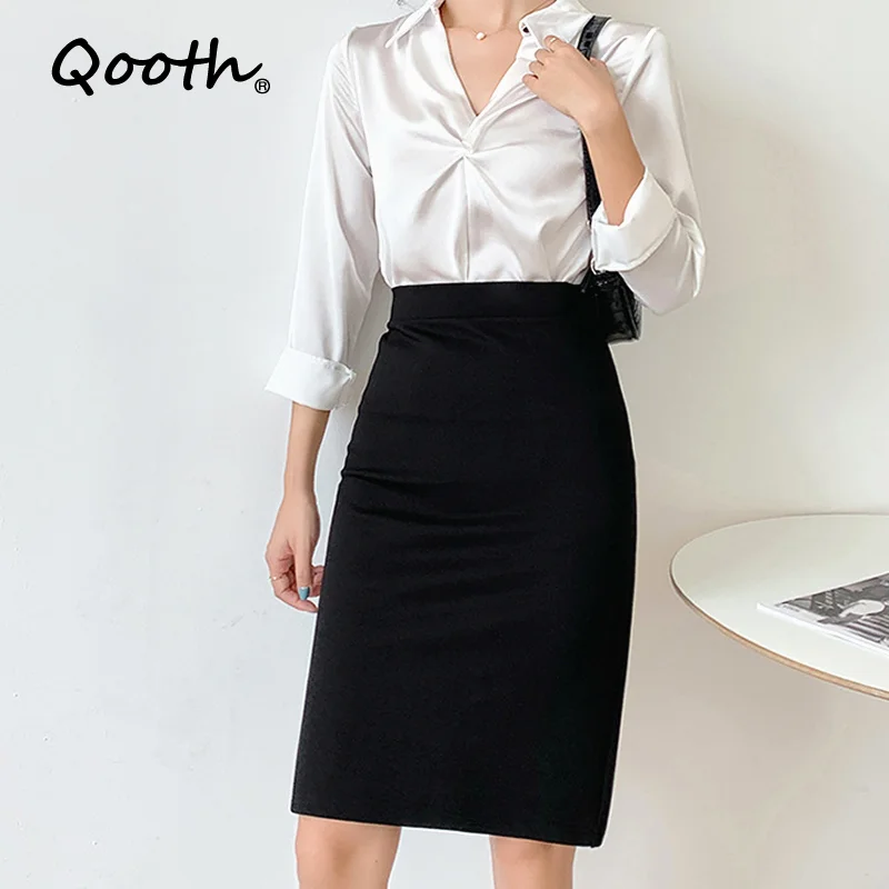

Летняя женская облегающая юбка-карандаш Qooth, юбка-карандаш с разрезом и высокой талией, модная офисная женская элегантная длинная юбка QT951