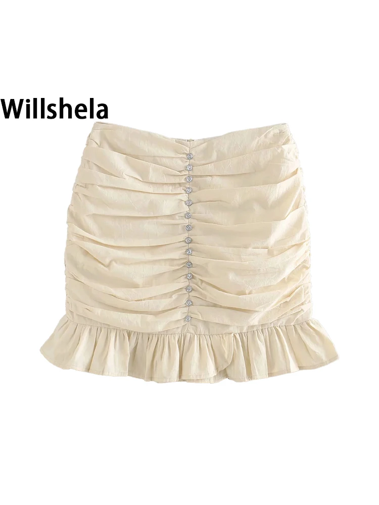 

2020 New Women Skirt Draped Faux Jewelry Button High-waisted Mini Skirt Ruching detail Ruffled Hem Back zip closure skirts