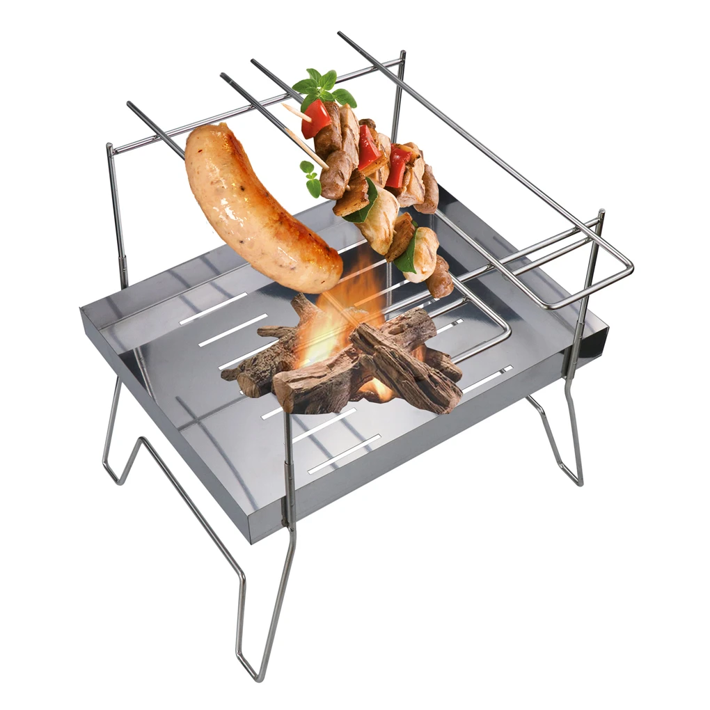 

Stainless Steel BBQ Grill Rack Foldable Campfire Poultry Roasting Grilling Stand Outside Camping Barbeque Accessories