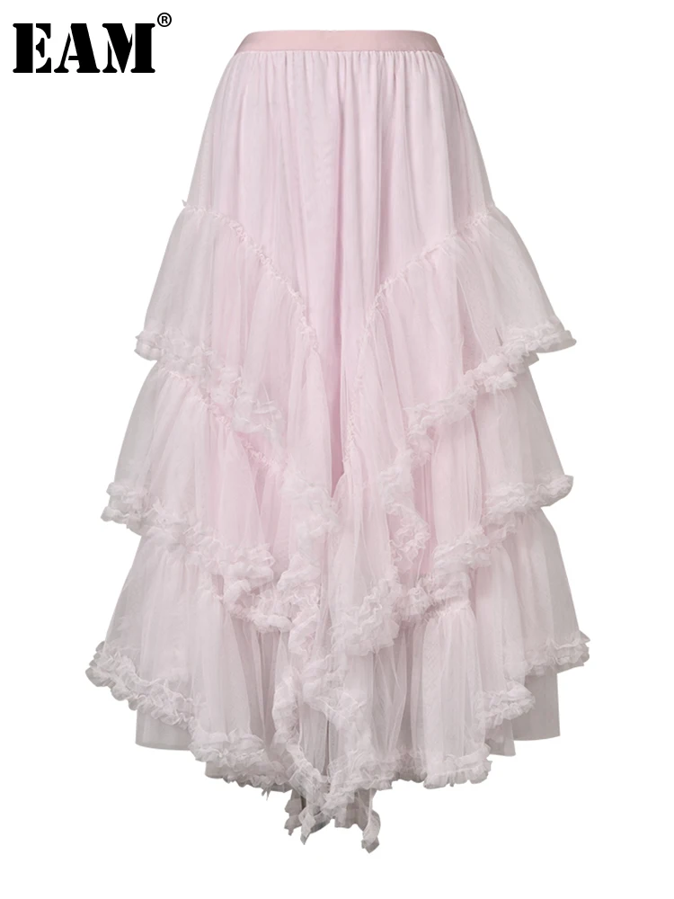 

[EAM] High Elastic Waist pink Color Irregular Ruffles Mesh Long Half-body Skirt Women Fashion New Spring Autumn 2023 2L216611