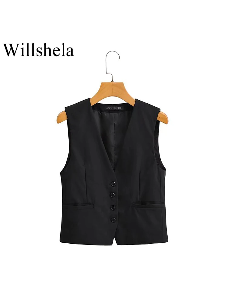

Willshela женский модный однотонный Блейзер на бретелях с карманами, винтажный однобортный женский жилет без рукавов с v-образным вырезом