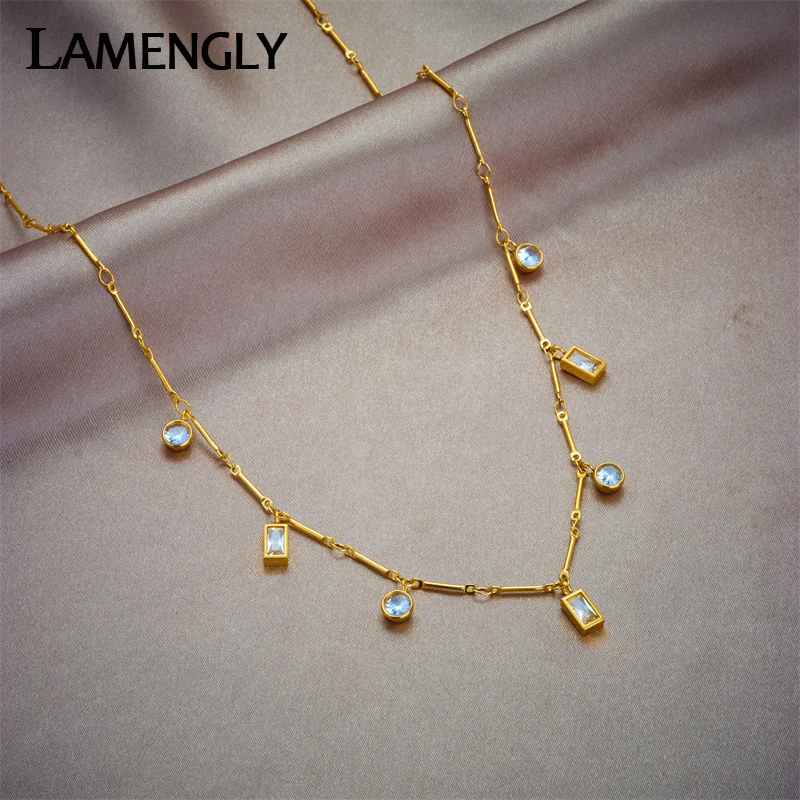 

LAMENGLY 316L Stainless Steel Square Round Clear Zircon Pendant Necklace For Women Fashion Girls Clavicle Chains Jewelry Gifts