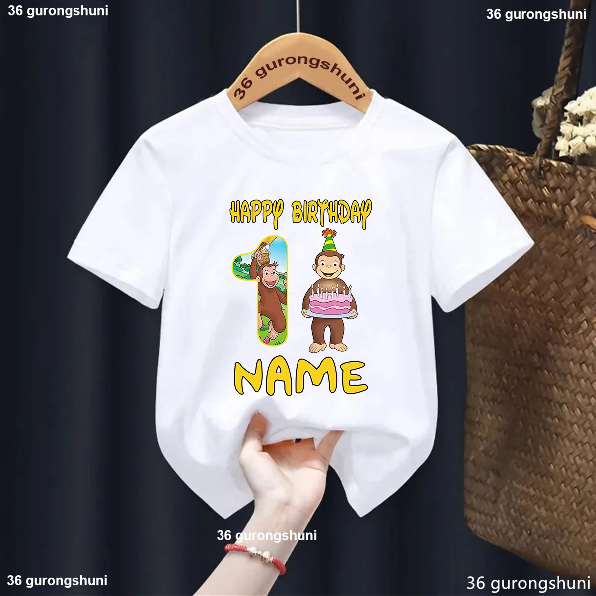 Фото Curious George Cute Monkey Print Одежда для мальчиков с героями мультфильмов 1, 2, 3, 4, 5, 6, 7, 8 9 лет Детская футболка с номером на день рождения Футболки для маленьких девочек №2