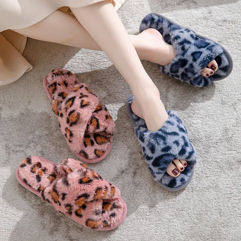 2023  Women's Cross Fur Leopard Winter Slipper Home Shoes For Female  Indoor House Floor Slippers