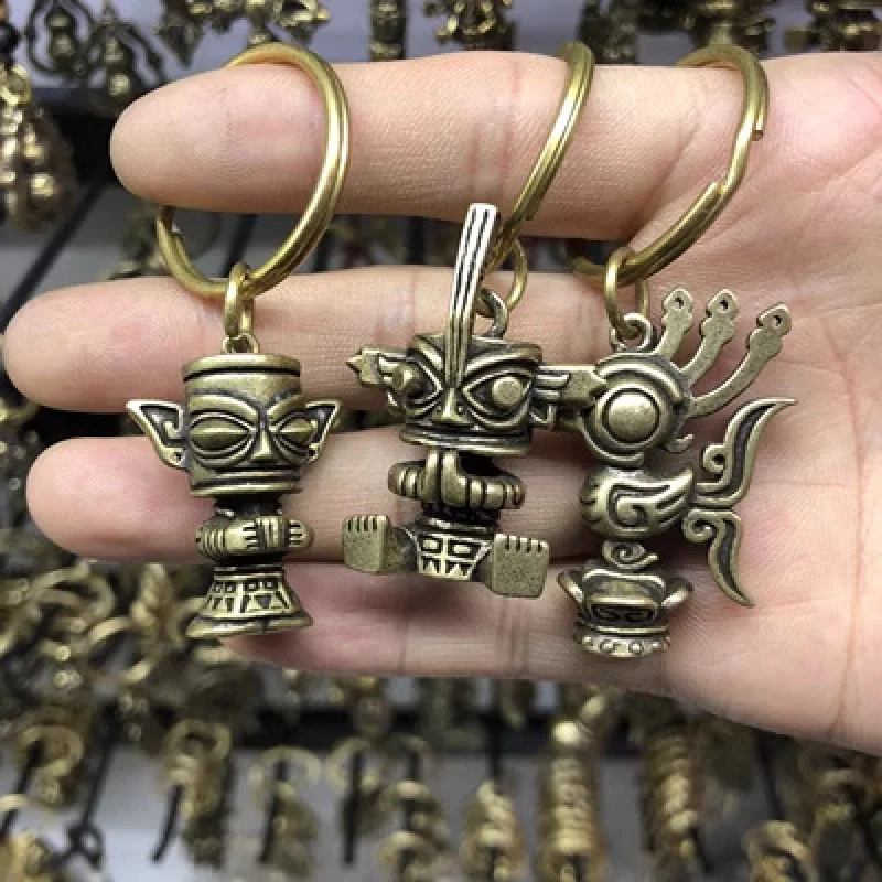 Винтажный цепочка для ключей Sanxingdui из чистой меди в стиле древней шуты