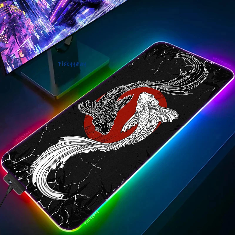 

Gaming Mousepad RGB Koi Fish Mouse Pad 900x400 Large Mouse Mat Natural Rubber Black PC Desk Mats Design Mousepads LED Backlight