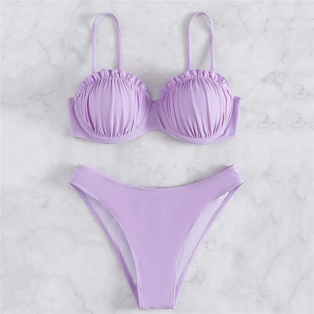 

Sexy Purple Push Up Bikinis 2022 Mujer Ruffled Trim Shell Swimwear Women Swimsuit High Cut Bathing Suit Bikini Biquini Beachwear
