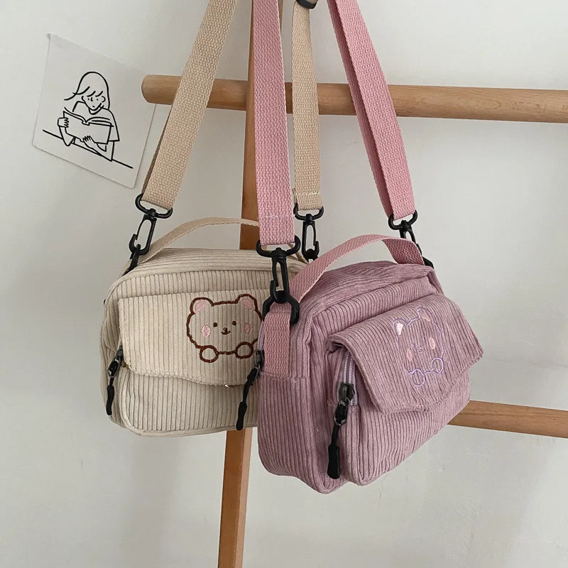 

Cute Girls Canvas Bag Japanese Harajuku Famale Corduroy Messenger Bag Students Small Shoulder Bag Travel Purses Handbags Satchel