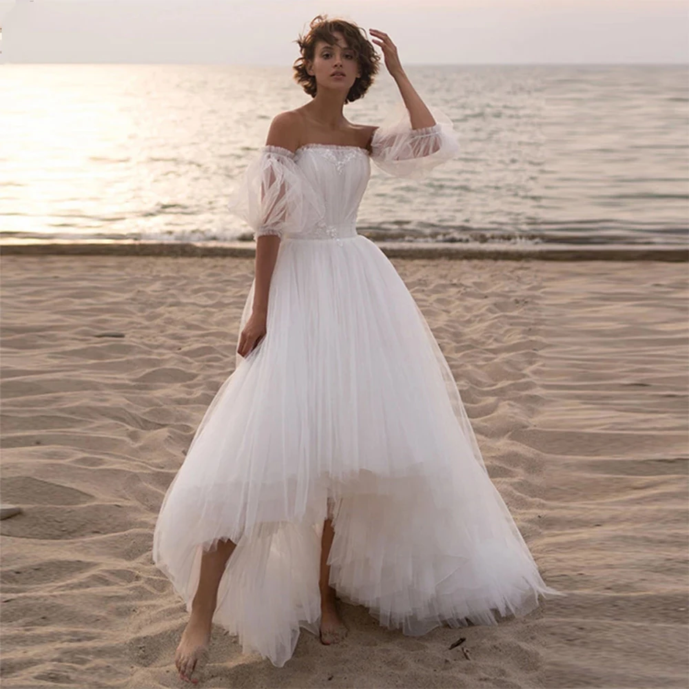 

New Design Strapless High Low Wedding Dresses White Corset Lace Up Back Hi-Lo Tulle Beach Bridal Gowns Formal Robe De Mariage