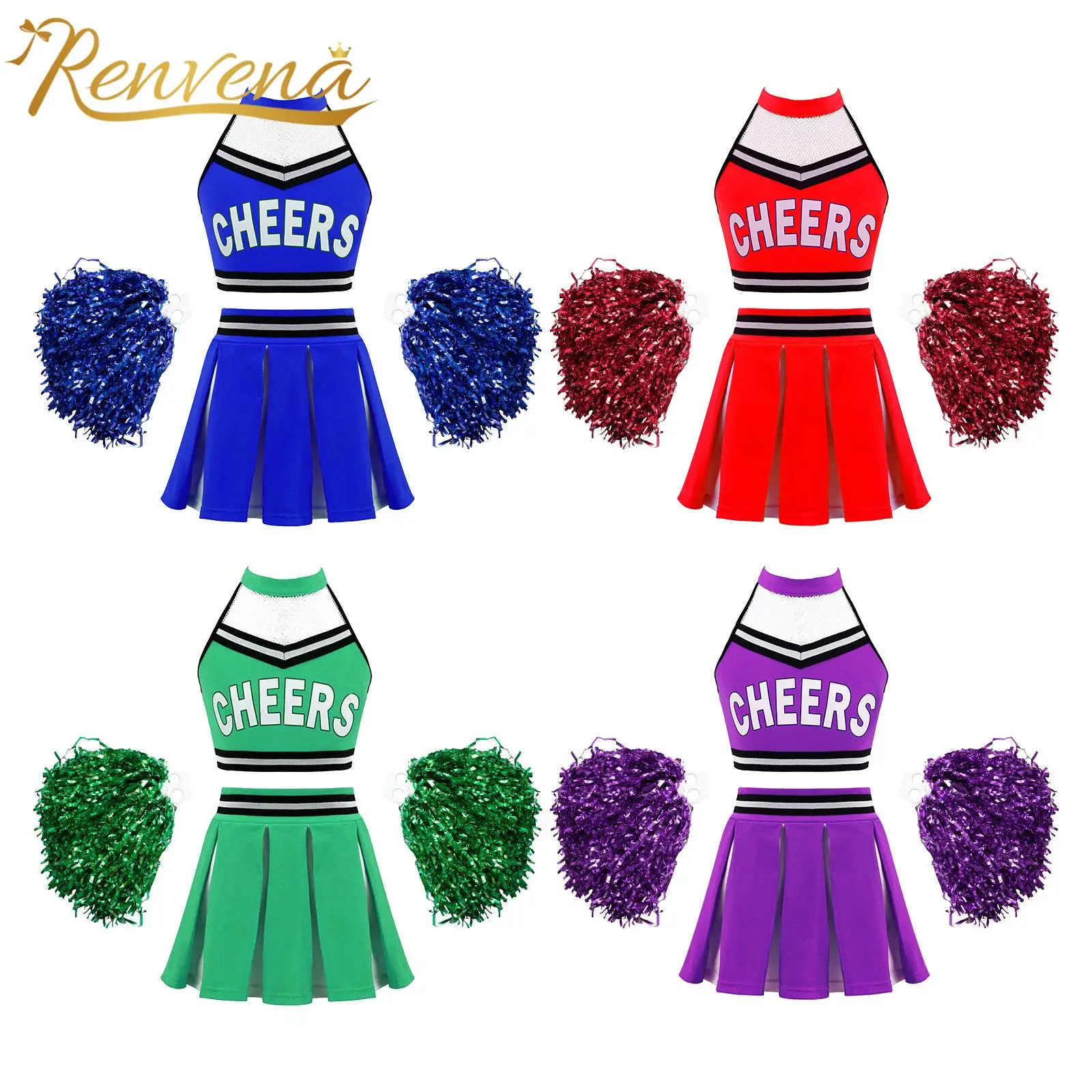 

Kids Girls Cheerleader Costumes Cheerleading Uniforms Outfit Crop Top + Skirt Flower Ball Dancewear Set for Dancing Competition