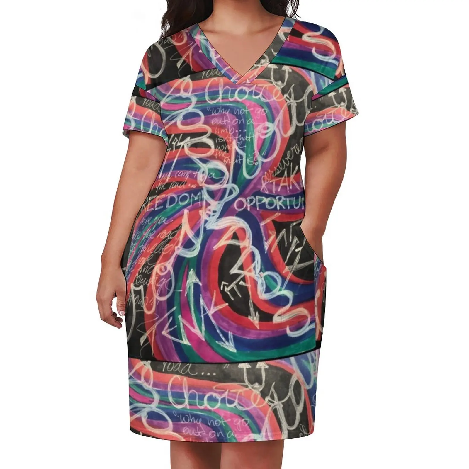 

Word Graffiti Dress V Neck Street Art Print Street Wear Dresses Spring Cute Casual Dress Ladies Graphic Oversized Clothes