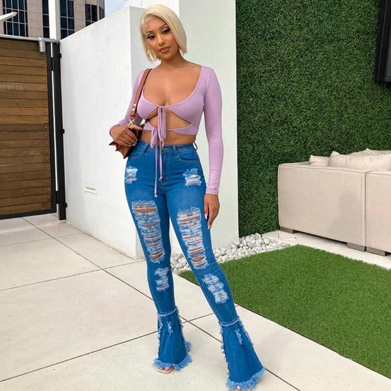 Women Sexy Casual Hollow Out Solid Jeans High Waist Blue Flare Pants Female Skinny Basic Streetwear Bodycon All-Match Trousers