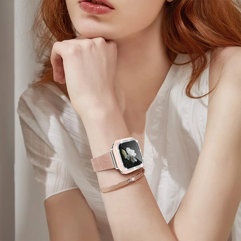 Алмазный чехол для Apple Watch 44 мм 40 42 38 45 41 Блестящий Защитный чехол-бампер + стекло