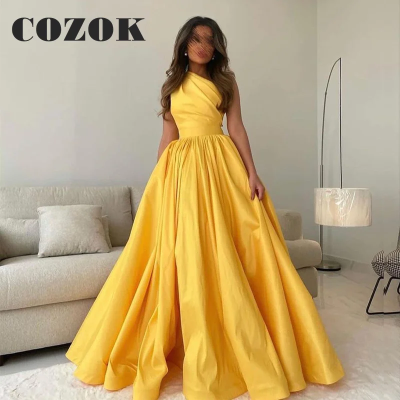 

Elegant Golden A Line Pleat Evening Dress Split One-Shoulder Classic Formal A Line Party Gowns Vestido De Gala Custom LF24