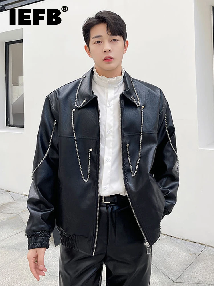 

IEFB Chain Decorated Biker Clothes Men's Casual PU Leather Jacket 2023 New High Street Zipper Lapel Oversized Coat Autumn 9A1232