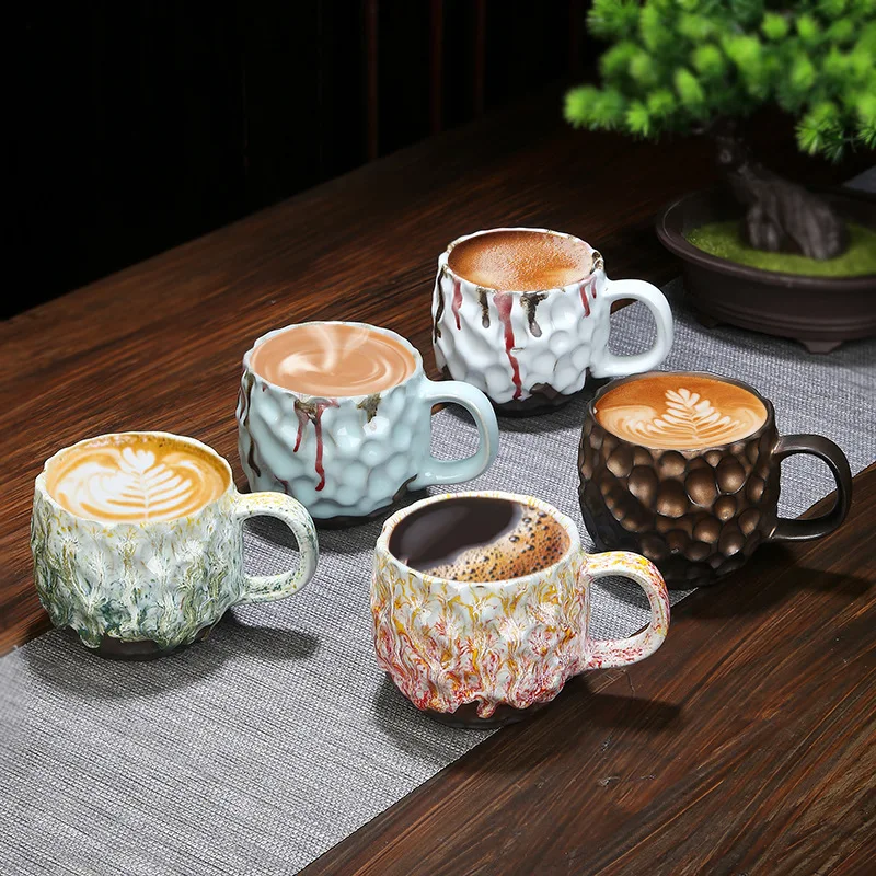 

Vintage China Ceramic Coffee Mugs 260ml Sesame Glazed Cappuccino Cups with Handle Home Drinkware