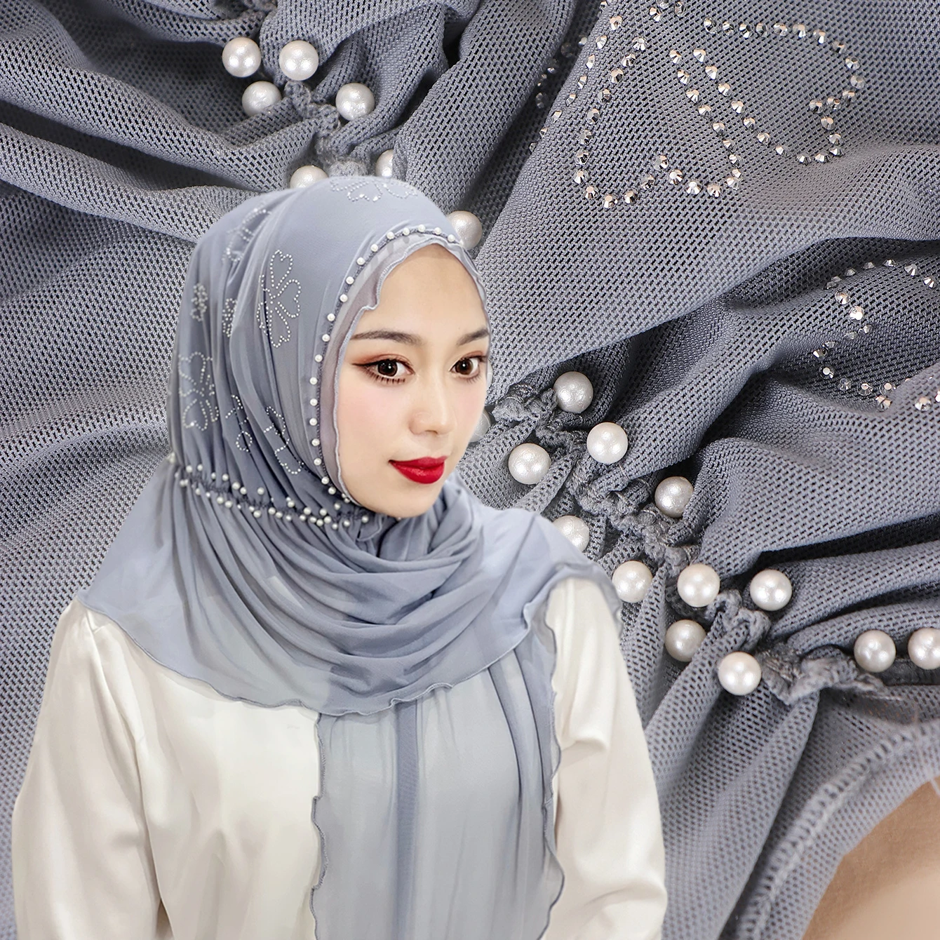 Мусульманский модный однотонный бриллиантовый цветочный хиджаб Женская шаль