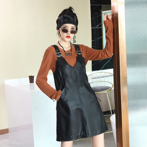 

Luxury brand Genuine Black Women Spring New Leather Vest Sheepskin Sleeveless Dress V-neck Casual Skirt FCY111
