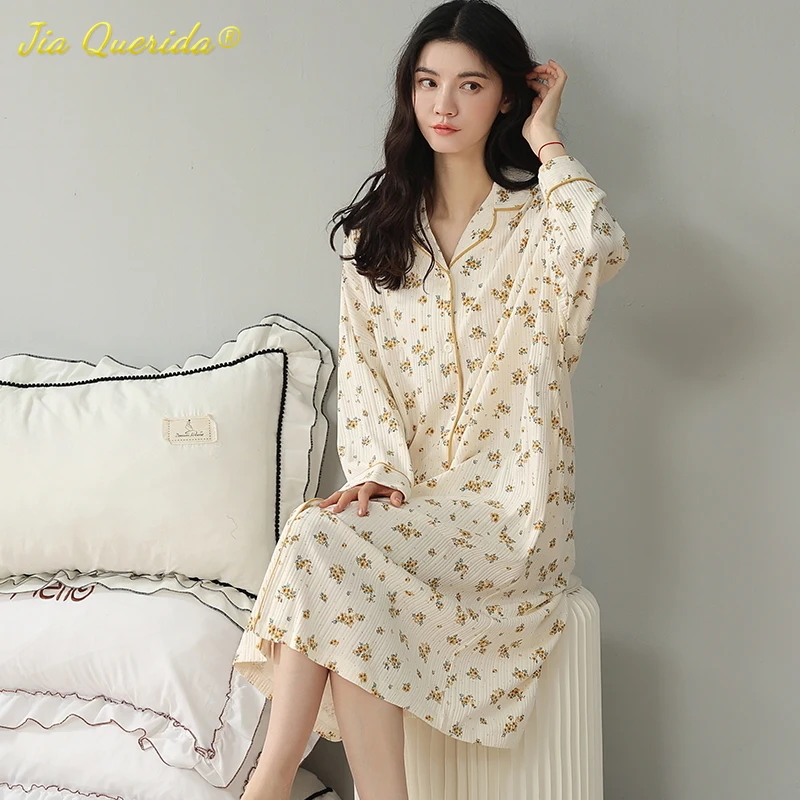 

Korean Partysu Style Womens Nightdress Autumn Spring New Shirt Dress Girls Soft Cotton Sleepwear Princess Nightgowns for Lady