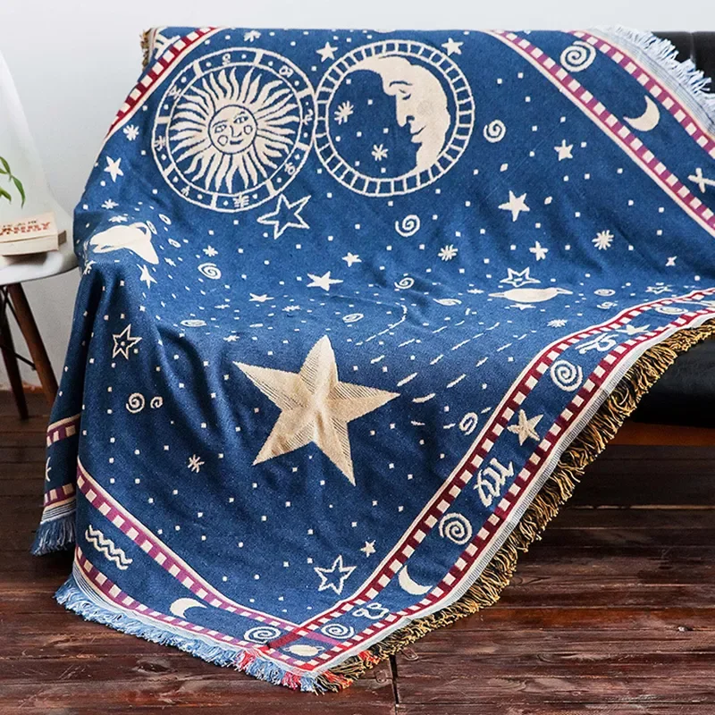 

Luxury Star Moon Universe starry sky Knitted tassel sofa cover Throw Blanket Towel Bed wall Decor slipcover Travel picnic pad