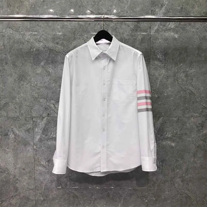 TB THOM Men's Shirt Fashion Top Brand 4-Bar Pink Gray Stripes Casual Oxford Fine Cotton Long Sleeve High Quality Women's Shirts