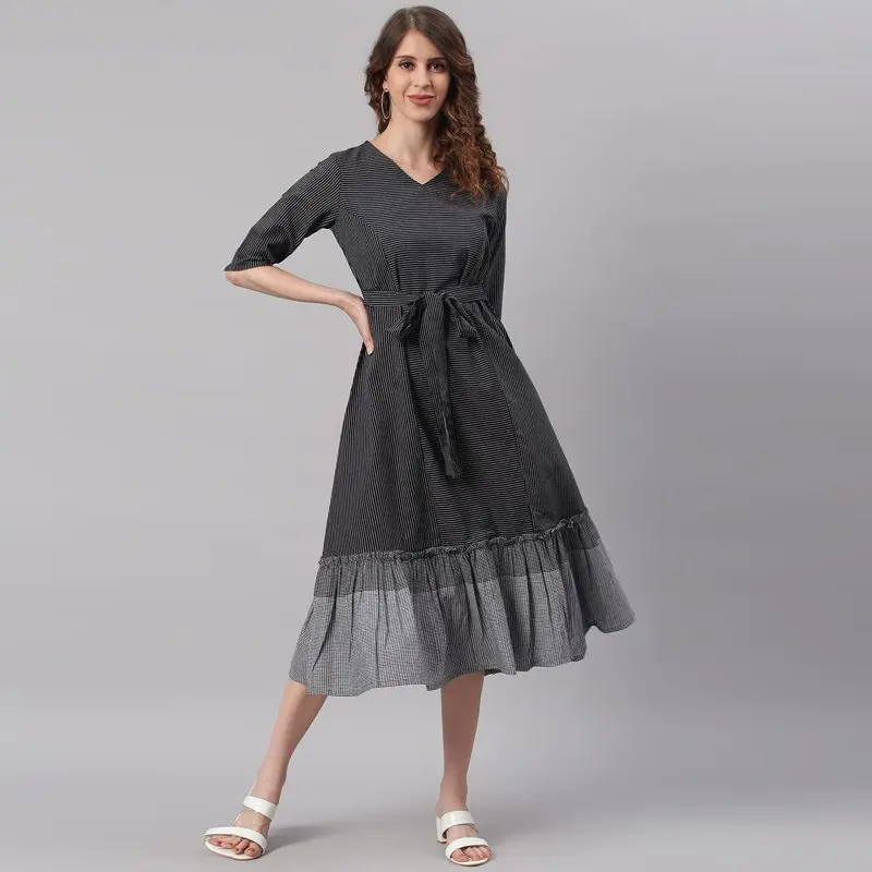 

Платье женское хлопковое в полоску, с V-образным вырезом и рукавом 3/4