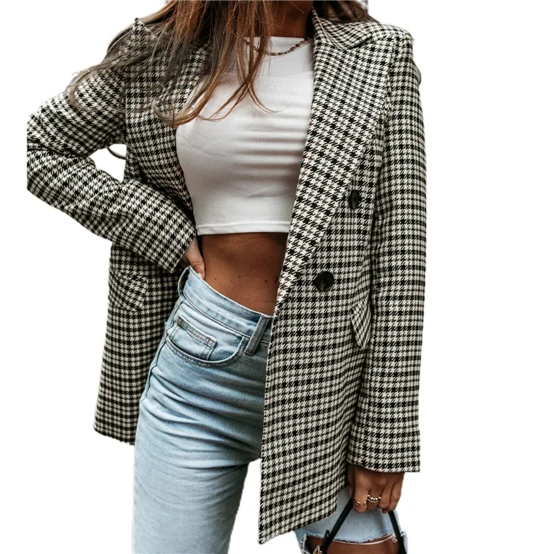 Casual Women Blazer Vintage Office Lady Jacket Coat Double Breasted Fall Winter Outerwear Female Chic Tops