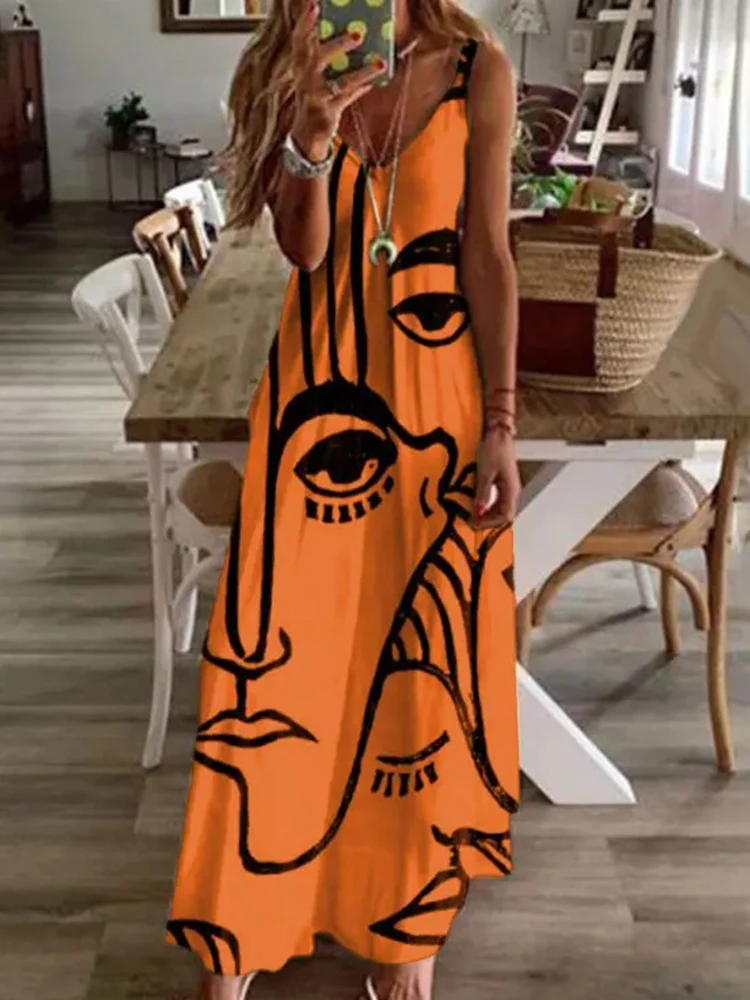 

Summer Vintage Pattern Print Sling Dress Sexy V Neck Sleeveless Long Party Dress New Elegant Casual A Line Beach Dress Sundress