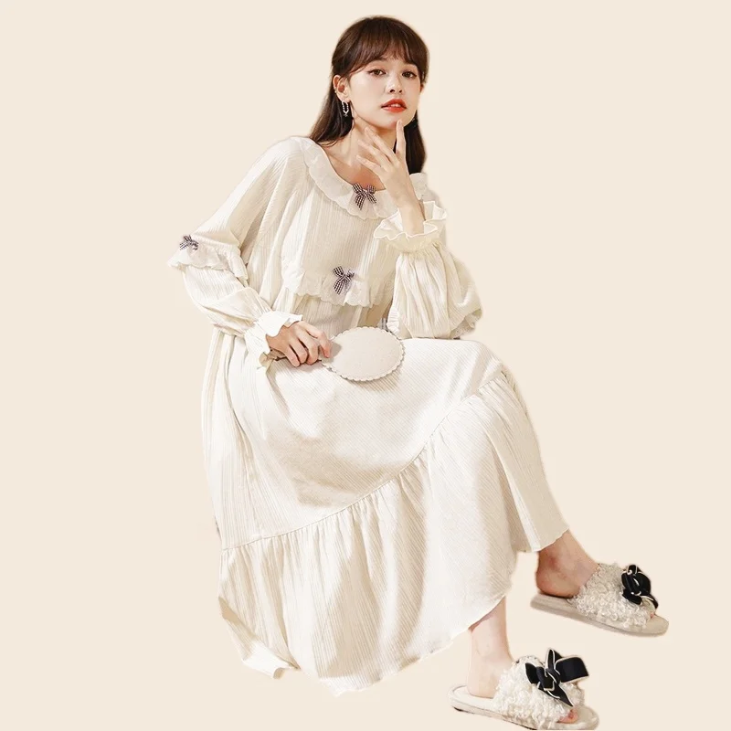 Women's Cute NightDress Women White Elastic Bow Princess Long Palace Autumn Nightdress Women's Cotton Full Sleeve Nightwear
